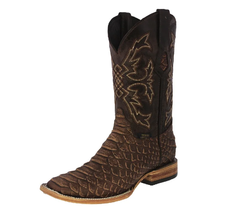 Mens #445 Brown Western Boots Snake Print Leather - Square Toe