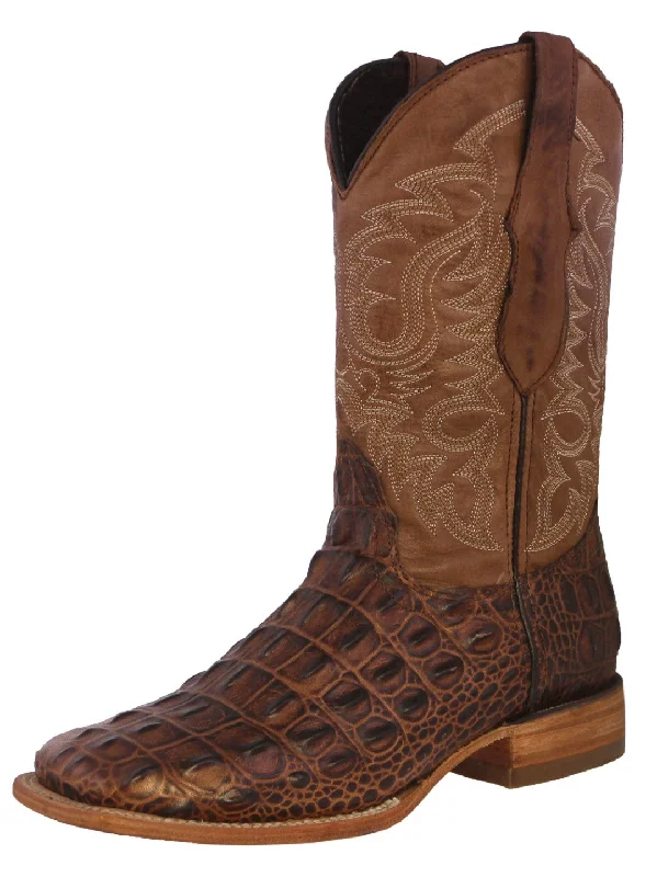 Mens Brown Alligator Back Print Leather Cowboy Boots Square Toe