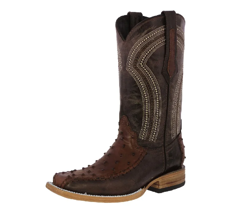 Mens Brown Cowboy Boots Ostrich Print Leather - Long Square Toe