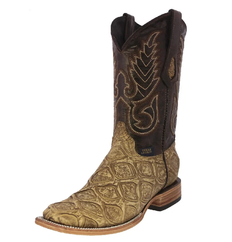 Mens Sand Cowboy Boots Pirarucu Fish Print Leather - Square Toe