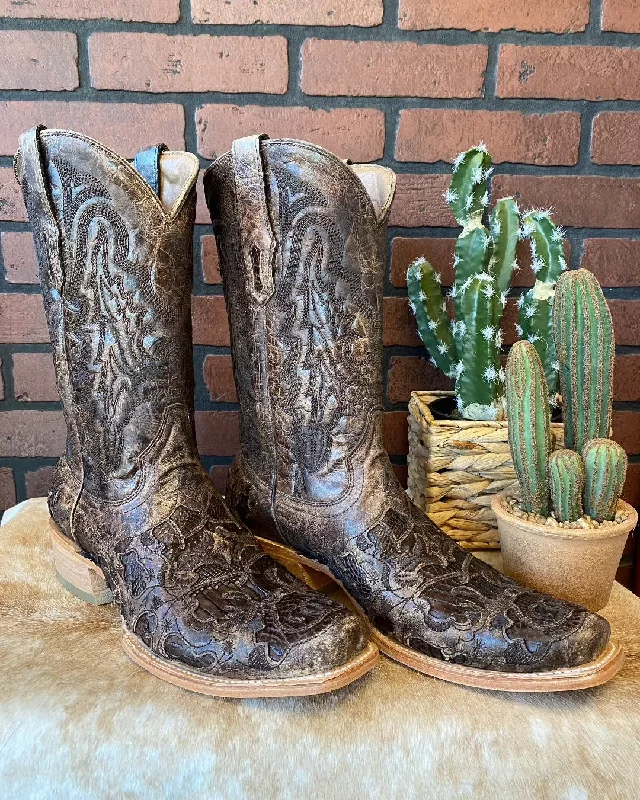 Corral Men's Brown Alligator Inlay Horseman Toe Cowboy Boots A4337