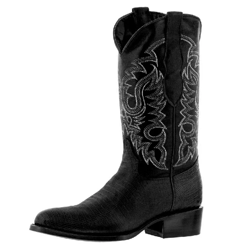 Mens Black Teju Lizard Print Leather Cowboy Boots Round Toe