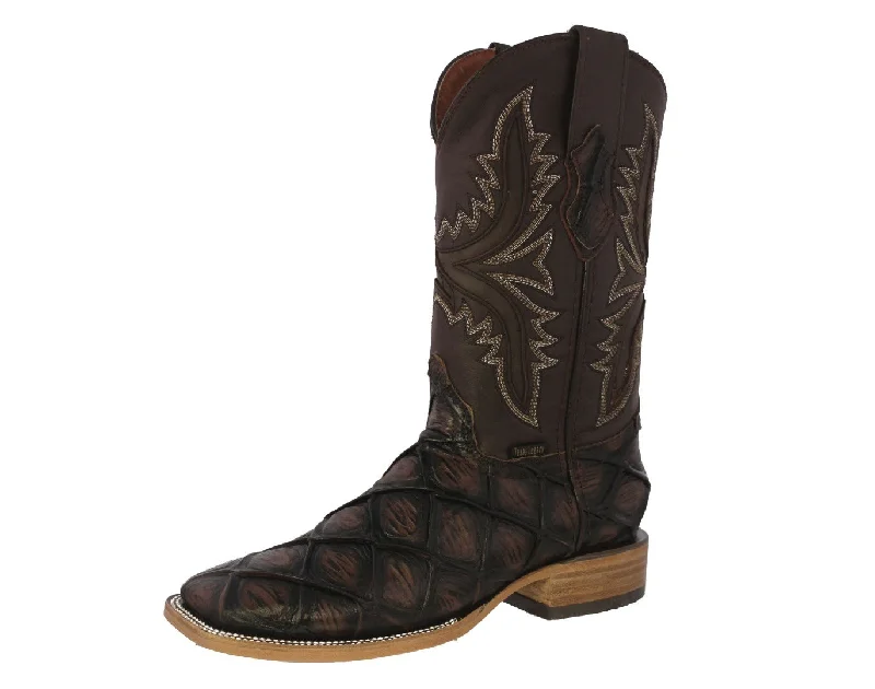 Mens Brown Cowboy Boots Pirarucu Fish Print - Square Toe