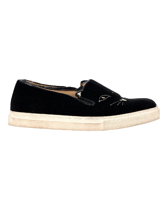 Charlotte Olympia Embroidered Accent Sneakers in Black Velvet