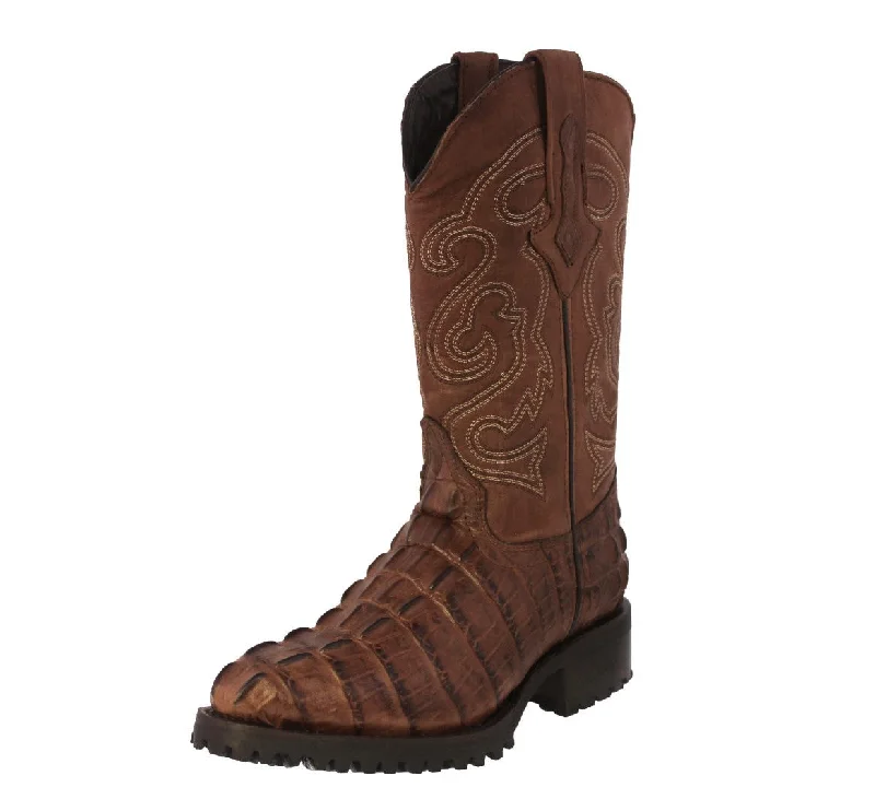 Mens Brown Motorcycle Boots Crocodile Tail Print - Round Toe