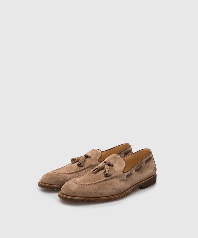 Brunello Cucinelli Mens Suede Loafers in Tan