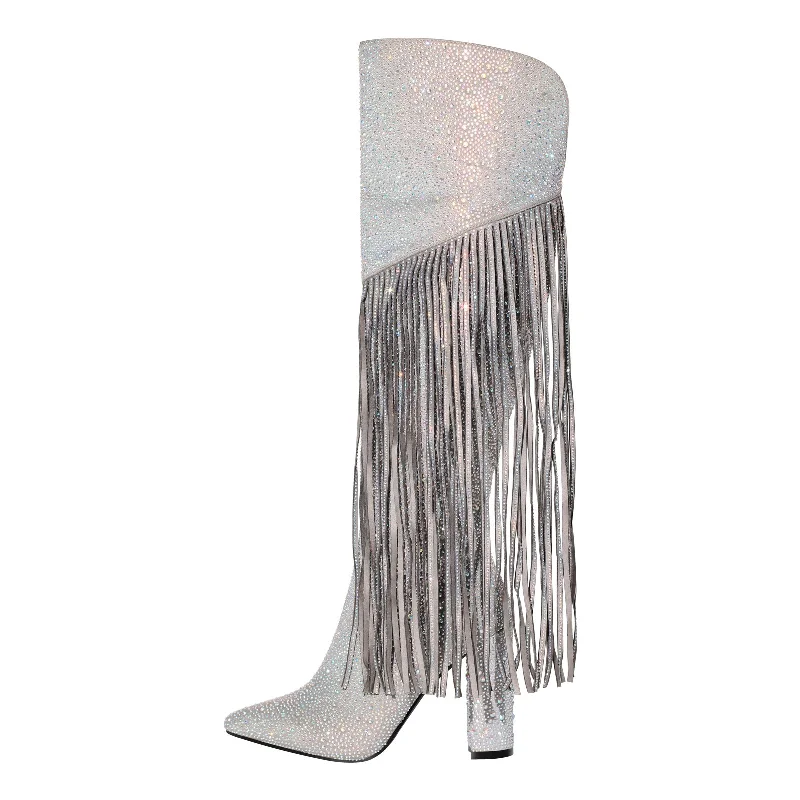 Pointed Toe  Rhinestone Tassels Over The Knee Boots