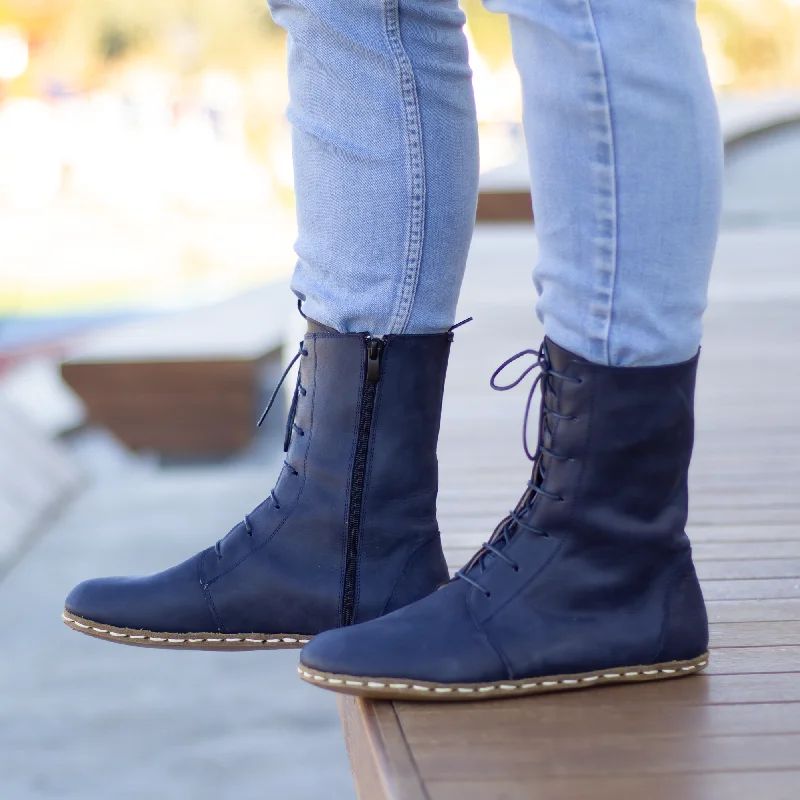 Barefoot Leather Lace-up Navy Blue Boots for Men