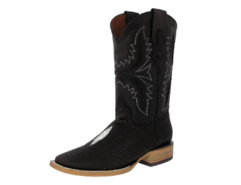 Mens Black Cowboy Boots Stingray Diamond Stone Print - Square Toe